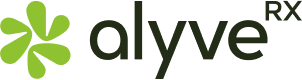 Alyve RX company logo with a green abstract leaf design to the left of the text.