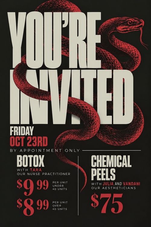 Invitation poster with large white text 'YOU'RE INVITED' wrapped by a red and black snake on a black background. Event is Friday, Oct 23rd by appointment only offering Botox with nurse practitioner Tara at $9.99 per unit under 40 units and $8.99 per unit over 40 units, and Chemical Peels with aestheticians Julia and Vandani for $75.
