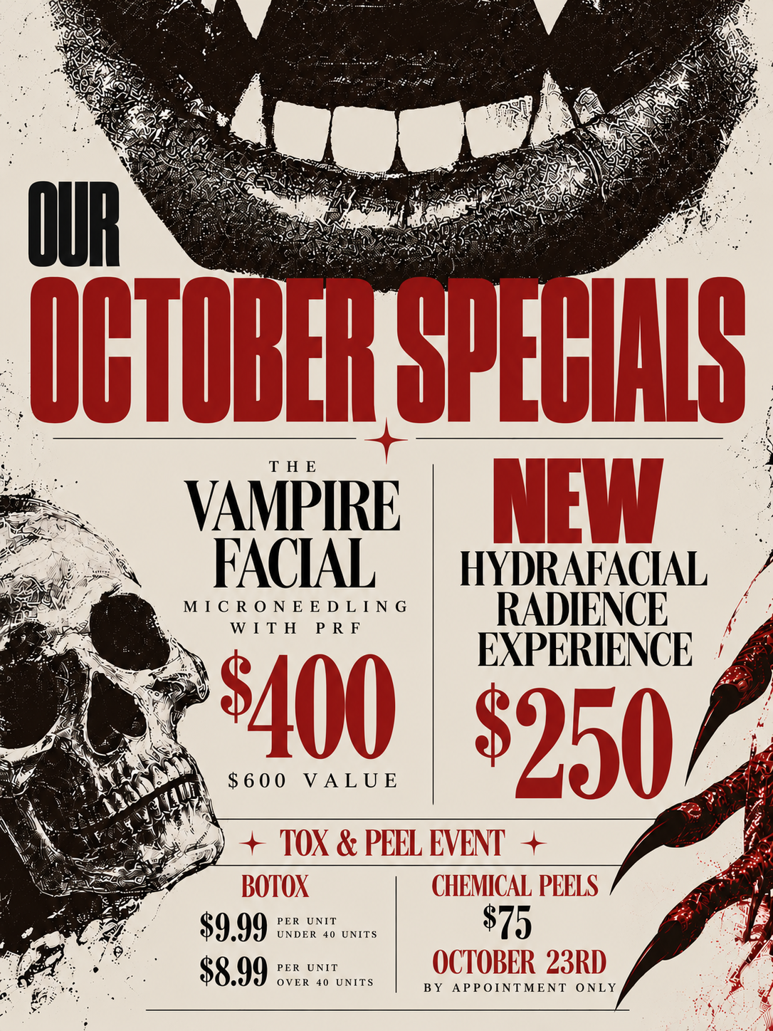 Promotional poster for October specials featuring a large vampire mouth at the top, a skull on the left, and a red claw on the right. Offers include The Vampire Facial microneedling with PRF for $400, a new Hydrafacial Radiance Experience for $250, and a Tox & Peel Event with Botox priced at $9.99 per unit under 40 units, $8.99 per unit over 40 units, and chemical peels at $75 on October 23rd by appointment only. The design uses black and red text on a beige background with Halloween-themed graphics.