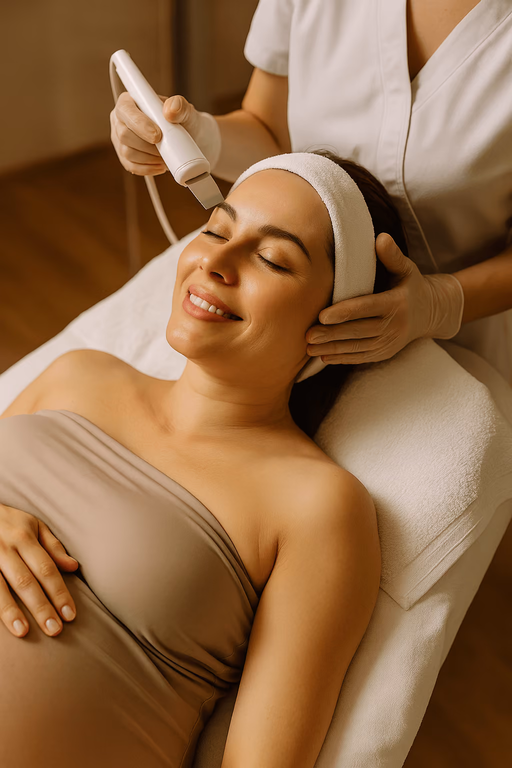 Relaxed pregnant woman enjoying a soothing pregnancy facial in Maitland medspa setting