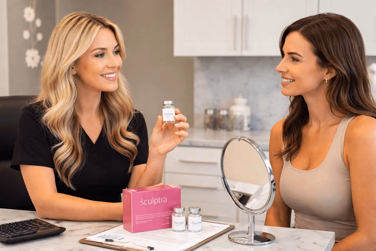 Sculptra treatment consultation discussing sculptra cost in Maitland, Florida for collagen restoration and facial volume rejuvenation
