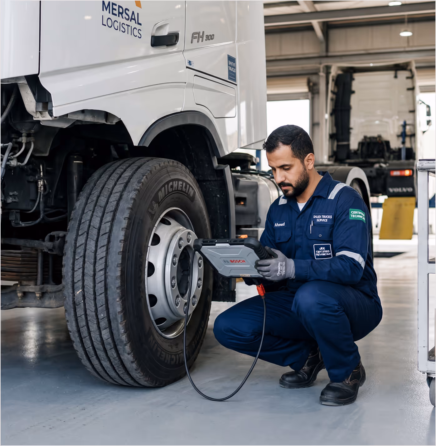 Mechanic using diagnostic tool to inspect a white logistics truck tire in a vehicle service garage.