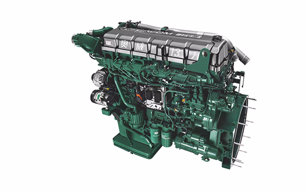 Green and silver detailed diesel engine isolated on white background.