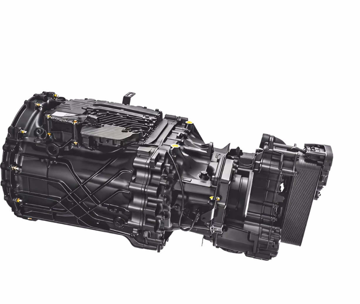 Black automotive transmission component with intricate detailing on a white background.