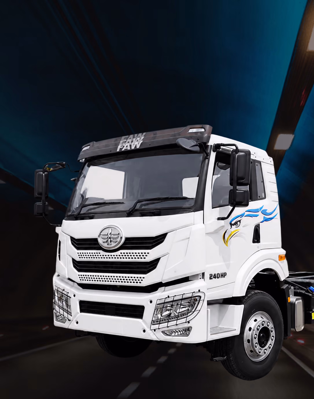 White FAW truck cab with 240HP and eagle decal on the door in a dark tunnel.