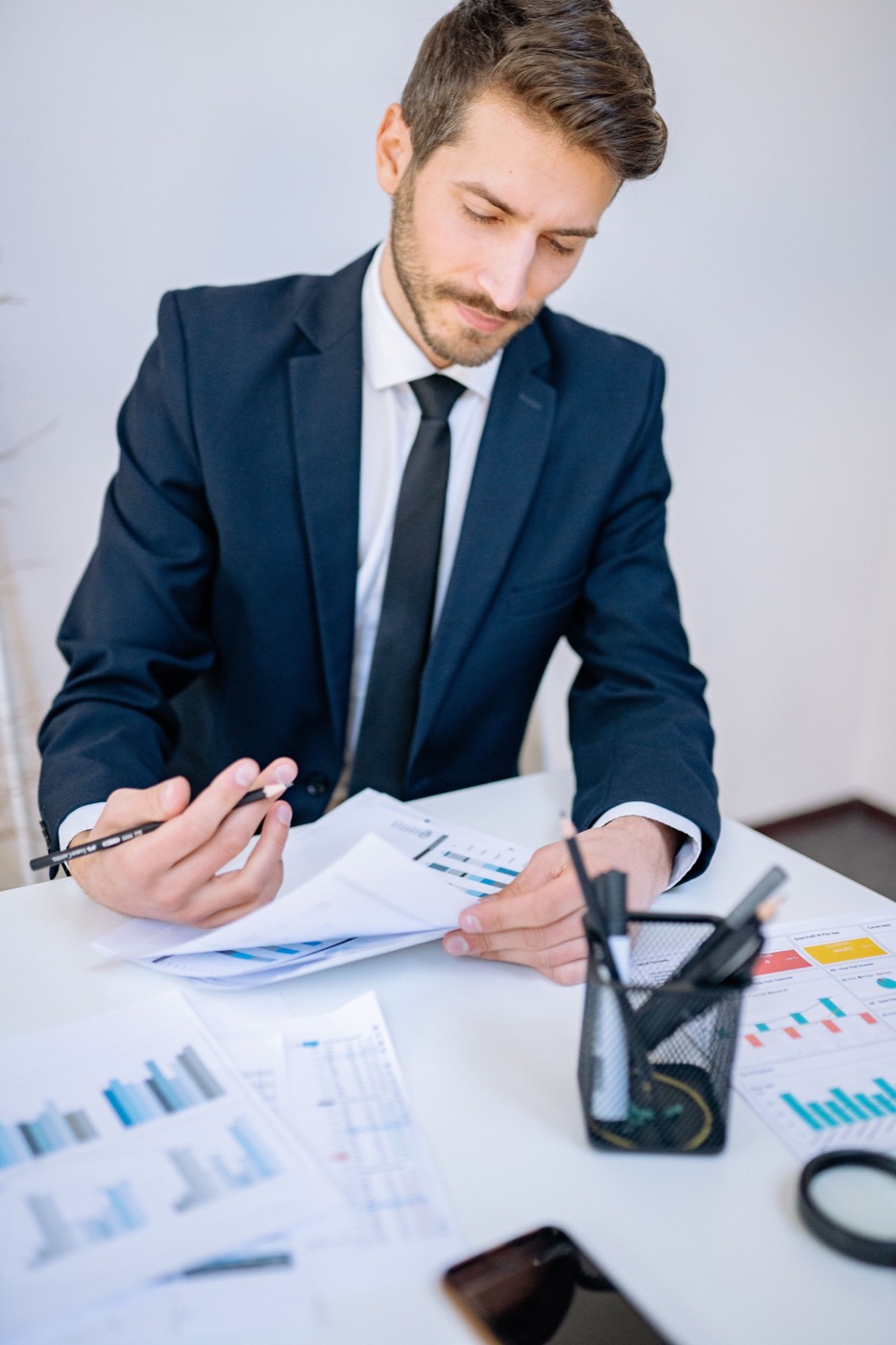 Executive consultant reviewing financial documents
