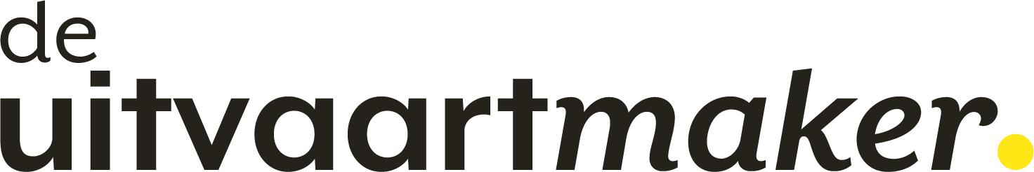 Logo met de tekst de uitvaartmaker in zwarte letters met een gele punt aan het eind