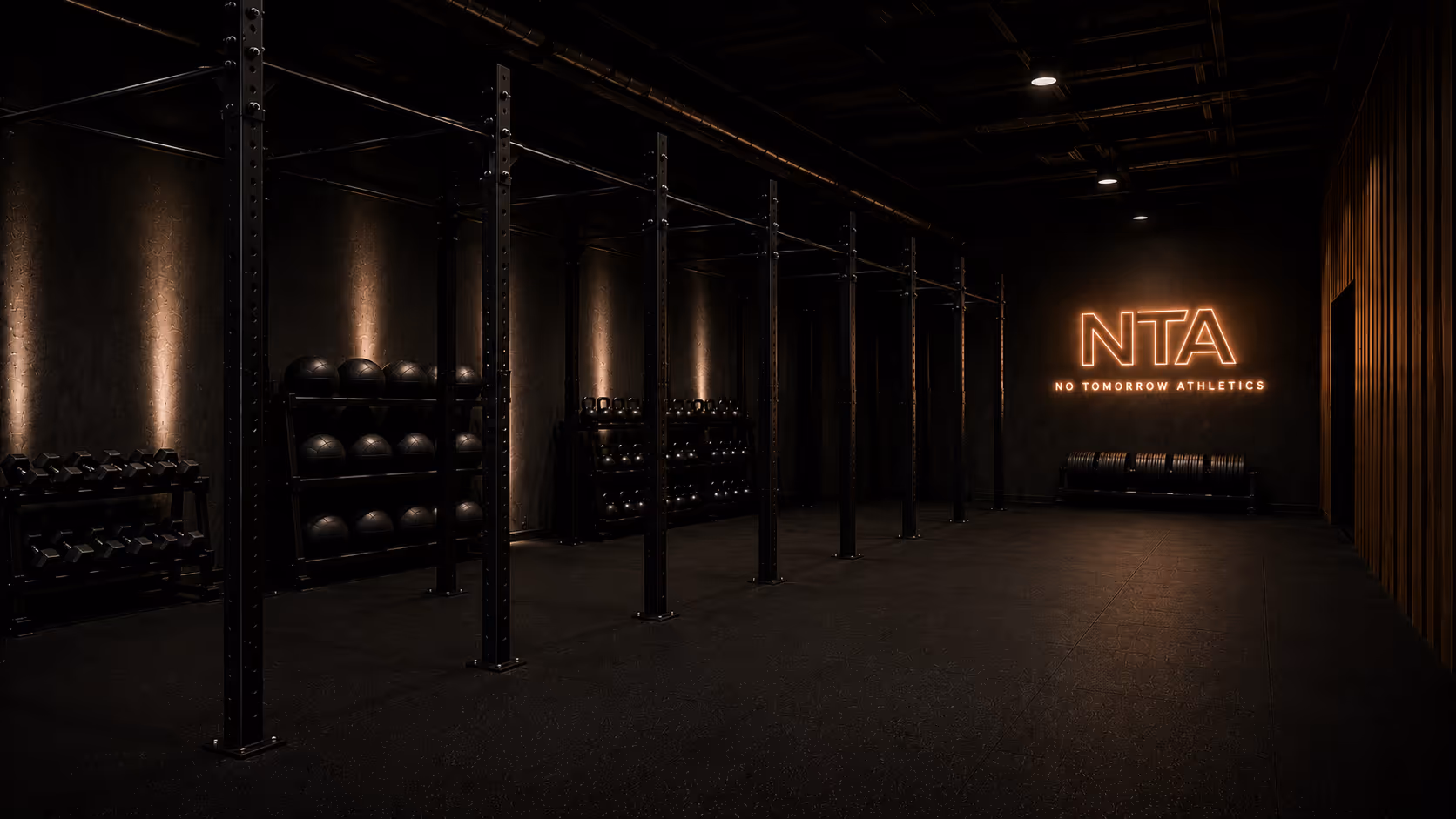 Dark gym interior with racks of medicine balls, dumbbells, kettlebells, and NTA logo sign lit on wall.