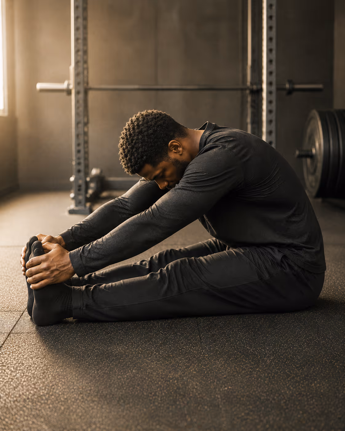 An athletic man stretching. 
