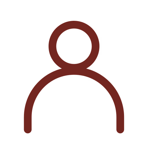 Simple oxblood-colored outline icon of a person with a circular head and shoulders on black background.