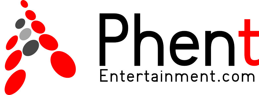 Phent Entertainment.com logo with stylized red and black elliptical shapes on left and text on right.