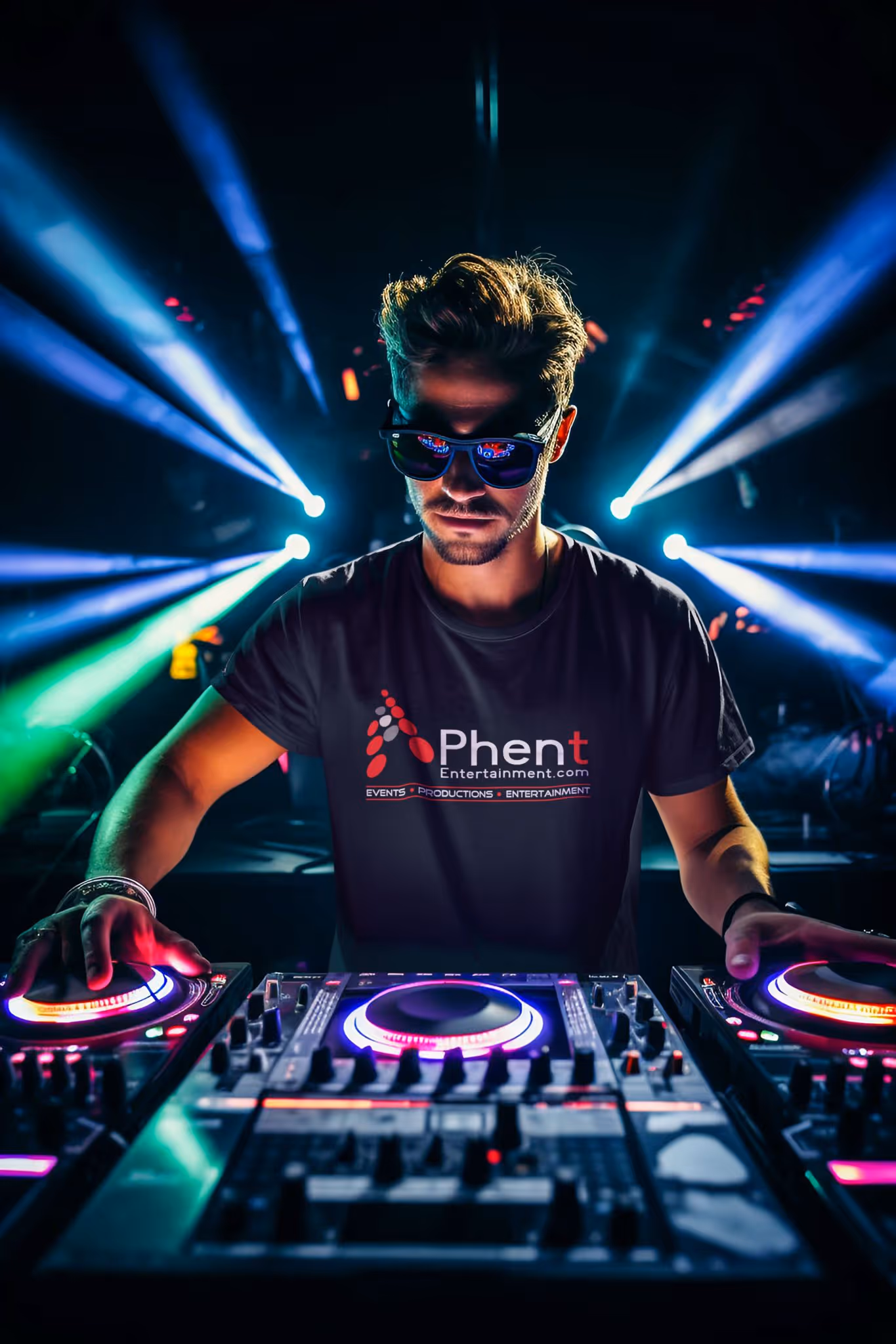 DJ wearing sunglasses and Phent Entertainment shirt mixing music with colorful stage lights behind him.