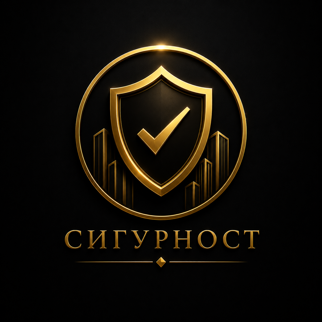 Gold shield with checkmark inside circle over gold Cyrillic text on black background.