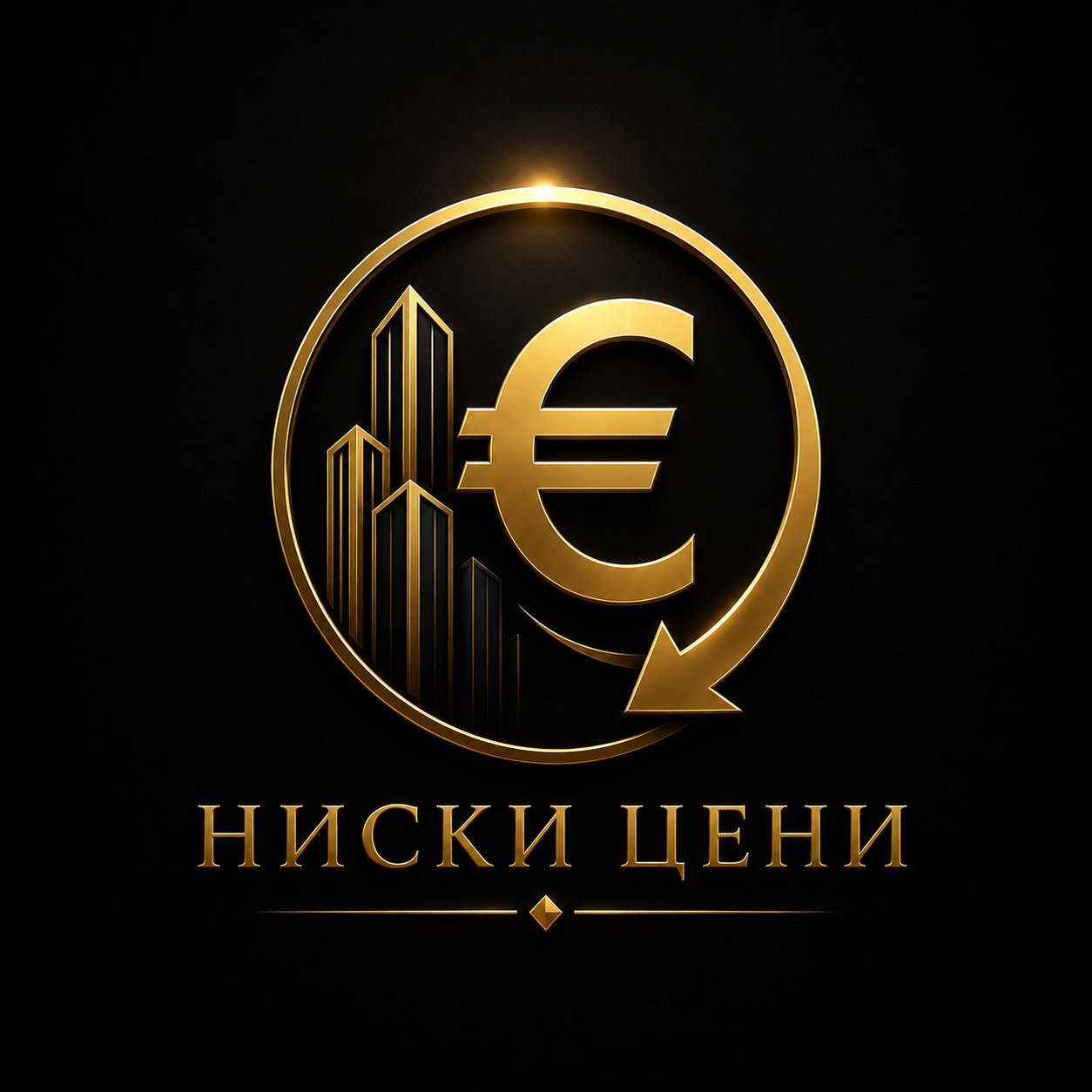 Gold euro symbol with downward arrow and skyscrapers inside a circle, symbolizing low prices.