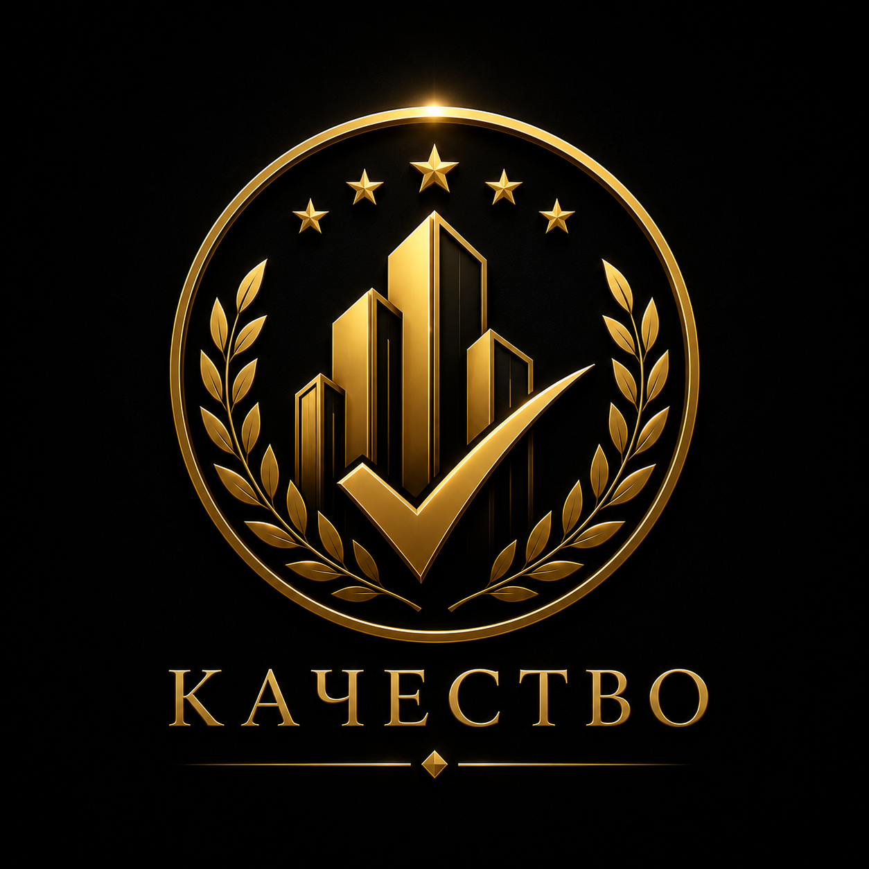 Golden emblem with buildings, checkmark, laurel wreath, five stars, and Russian text meaning quality.
