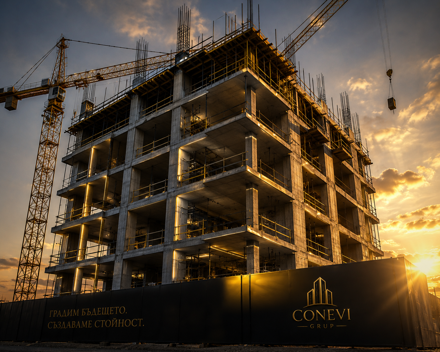 Under-construction concrete building with crane at sunset and Conevi Grup sign on fence.
