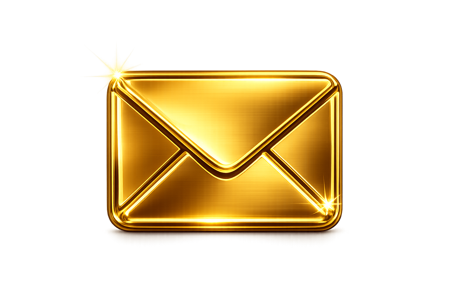 Glowing golden envelope icon with shiny highlights on a gradient background.