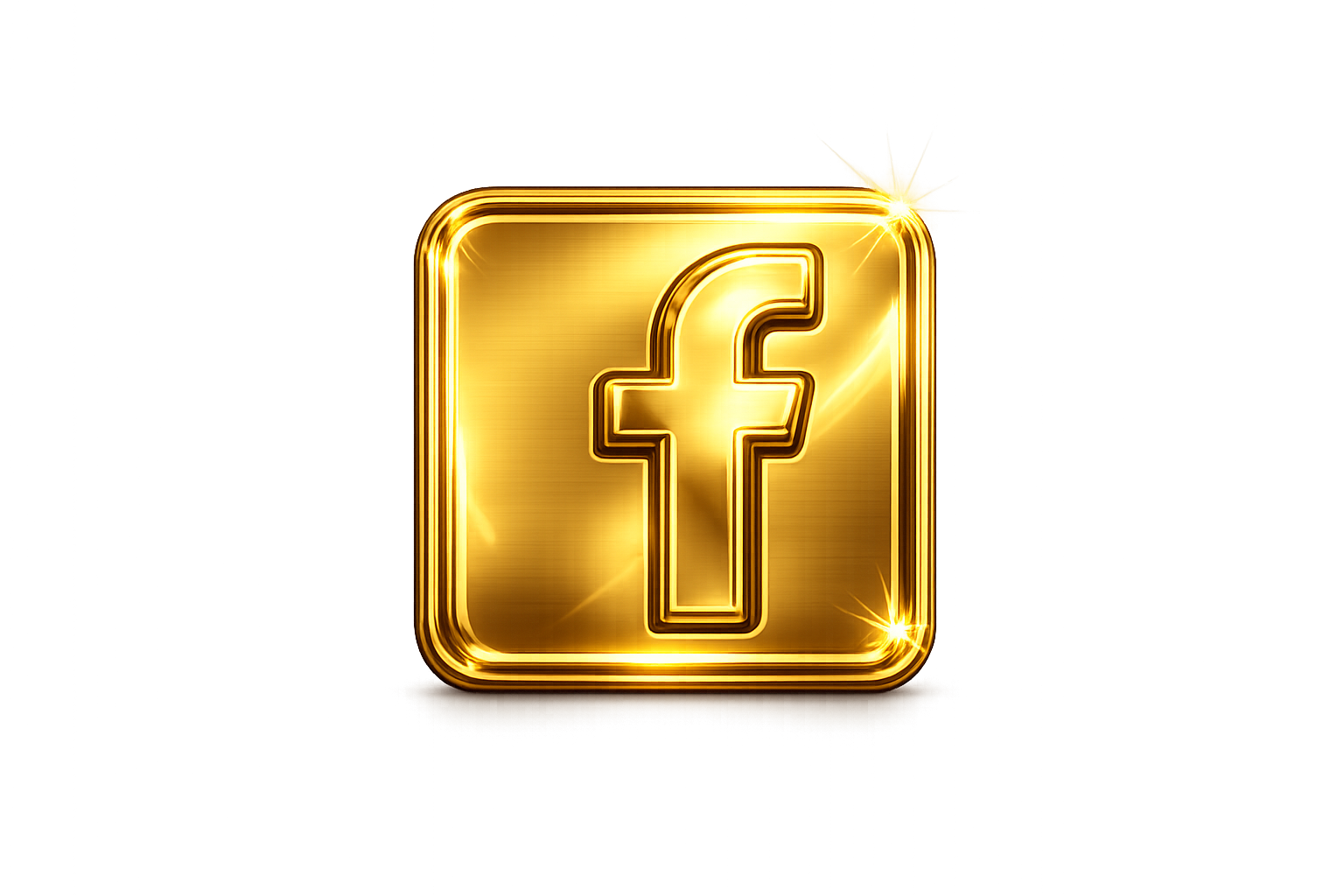 Glowing golden Facebook icon with a shiny metallic look on a gradient dark background.