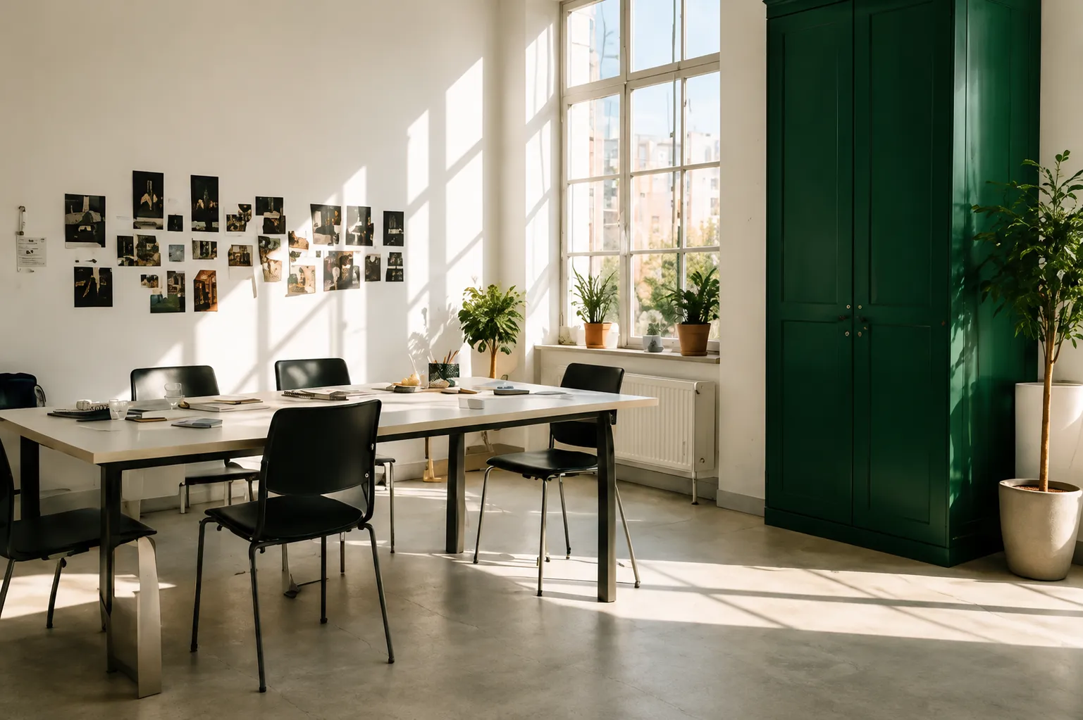 Green cupboard and table against a textured wall