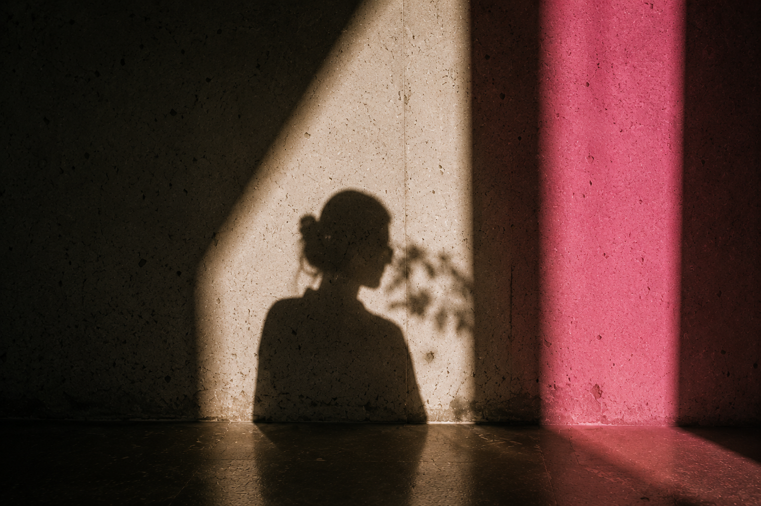 Woman in shadow against a pink wall