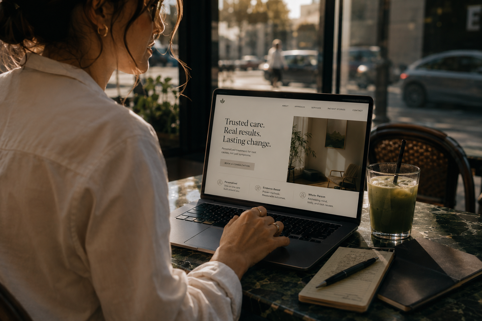 Woman working on a laptop at a café window