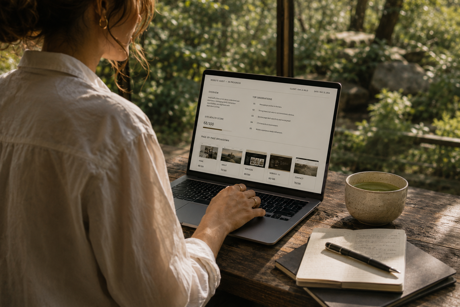 Woman working on a laptop at an outdoor café