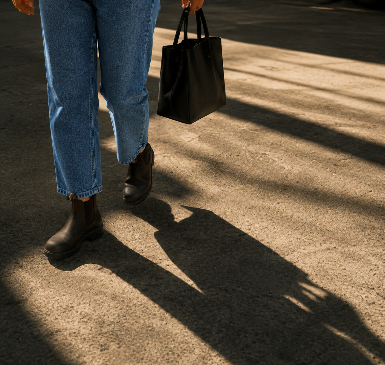 Boots and a black tote bag on a sunlit sidewalk