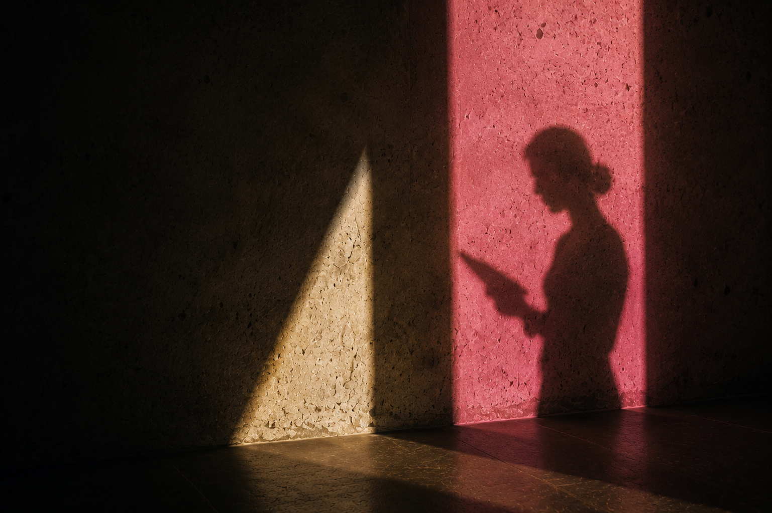 Woman reading in a band of pink light
