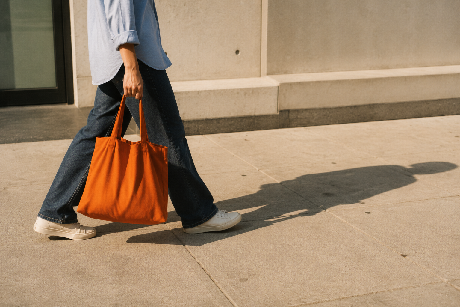 Woman walking with an orange tote bag past a building
