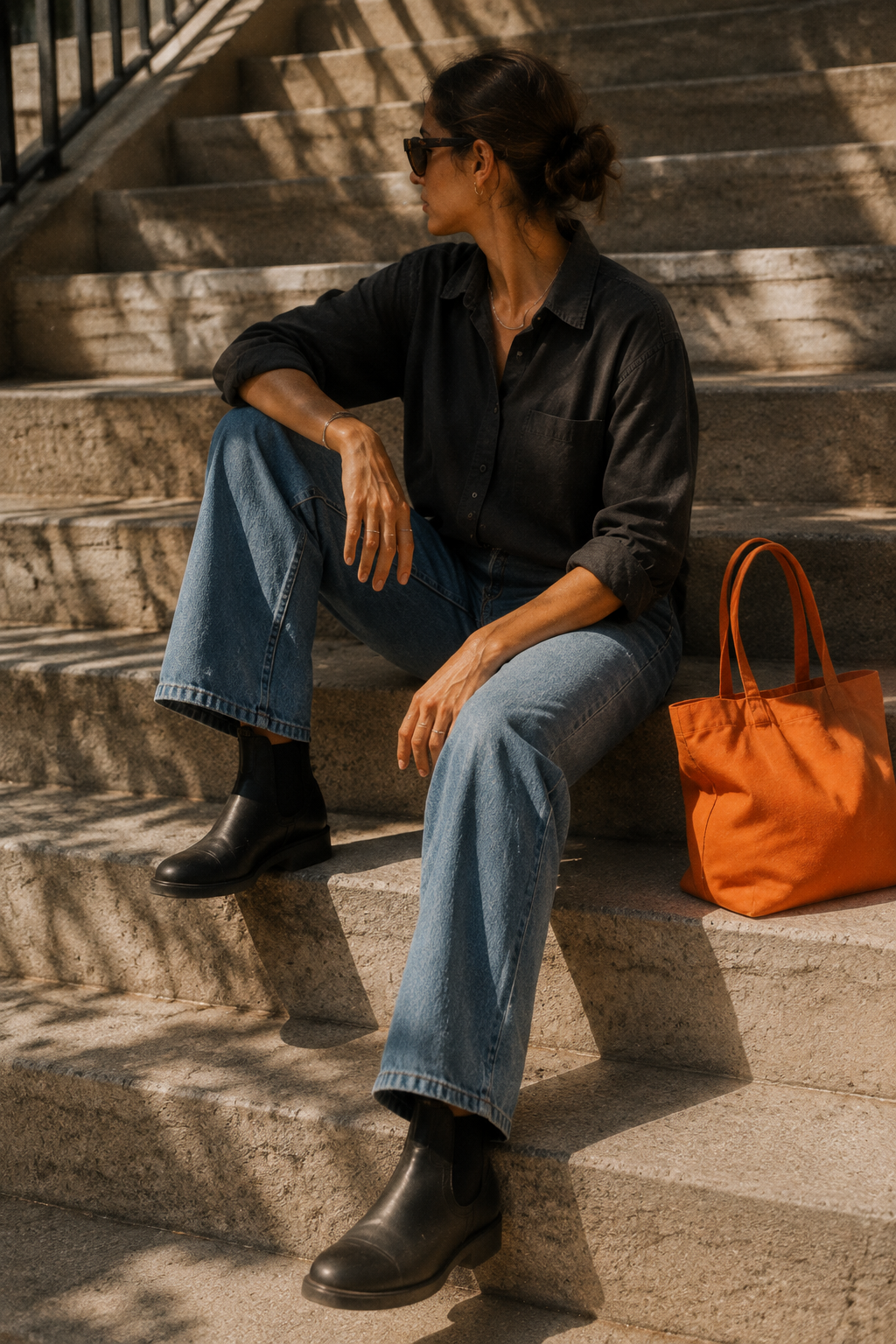 Woman sitting on sunlit steps with an orange tote bag