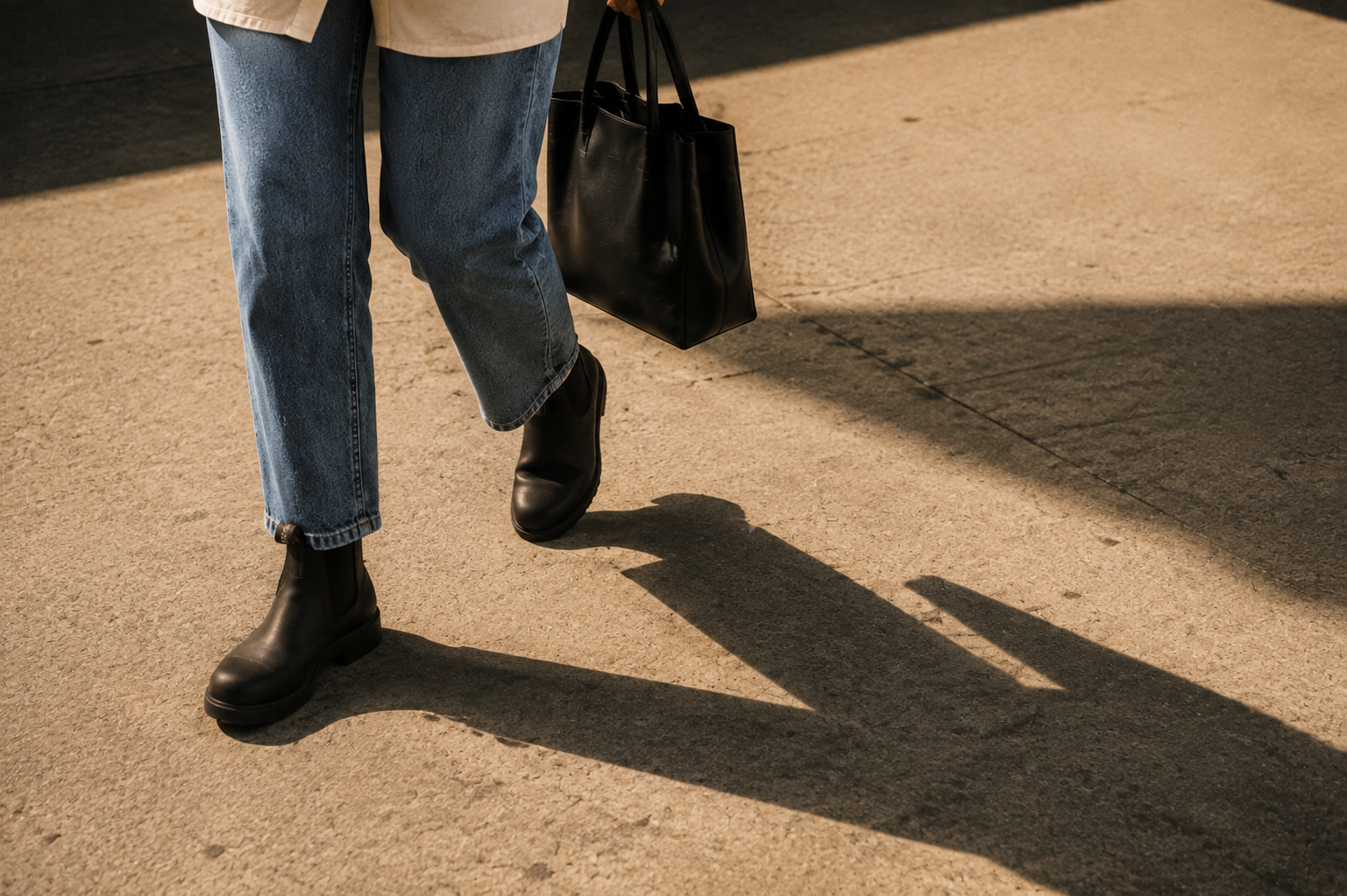 Boots and a black tote bag on a sunlit sidewalk