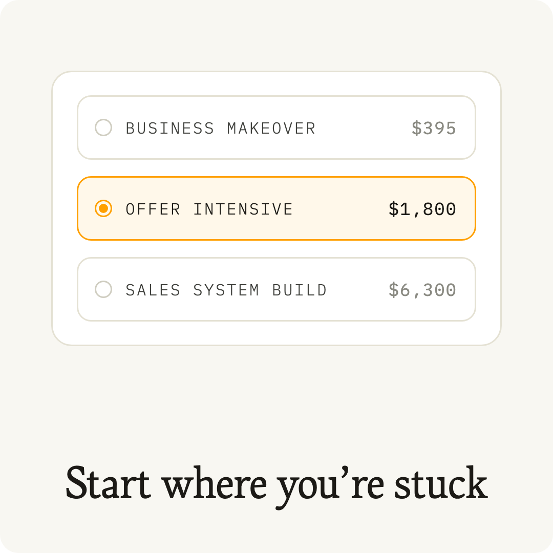 Three ways to start, the Profitable Business Makeover, the Signature Offer Intensive, and the Sales System Build, with one selected