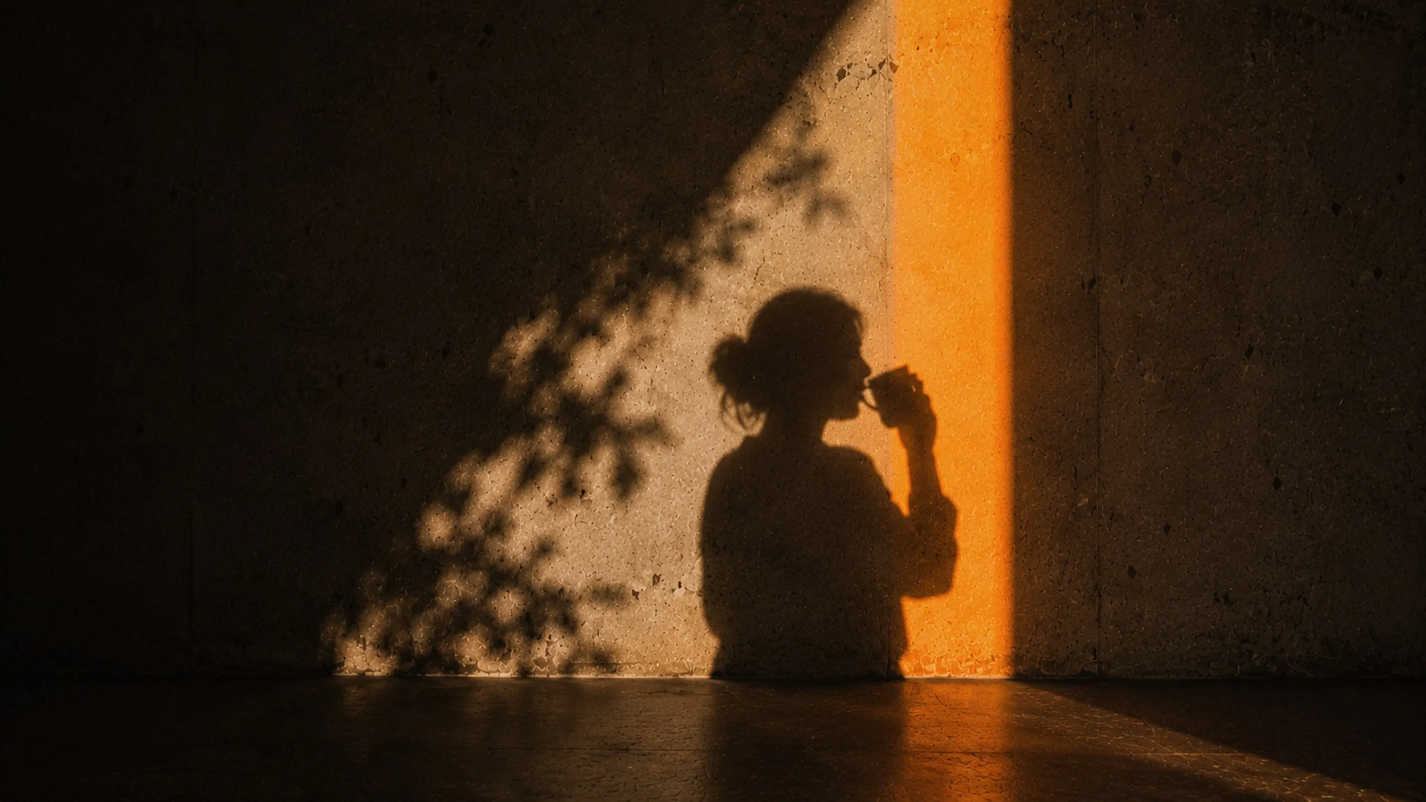 Shadow of a woman sipping tea on a dark wall beside a narrow strip of orange light