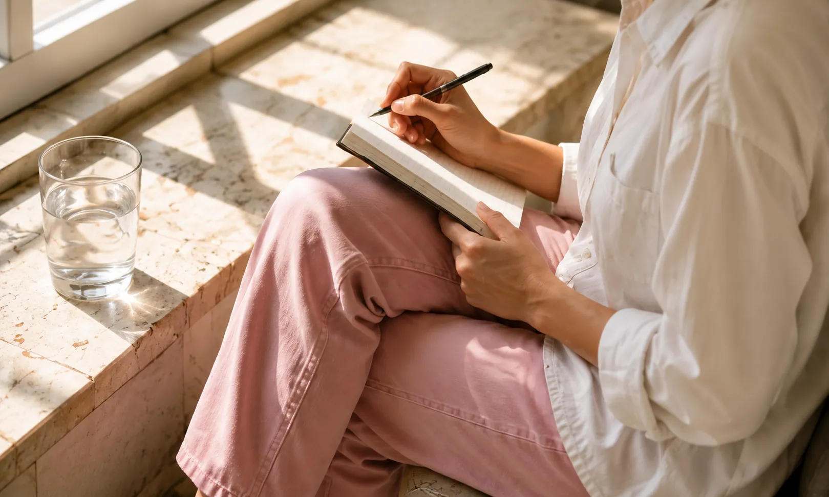 Woman planning at a café table with notes and images