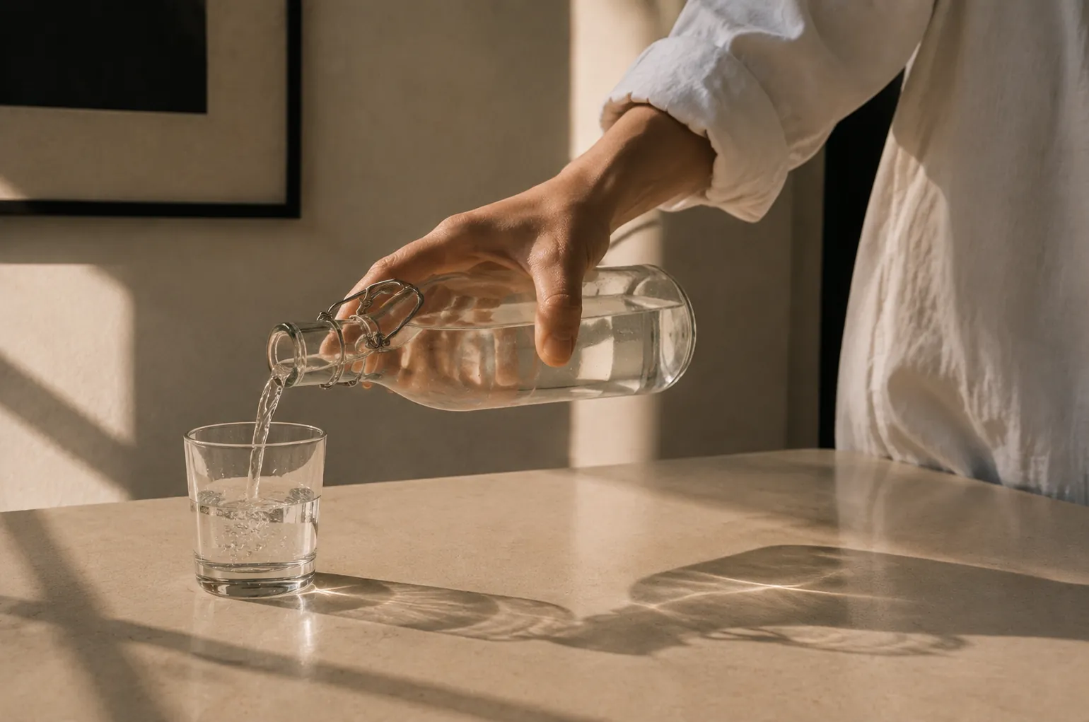 Water being poured into a glass on a sunlit table