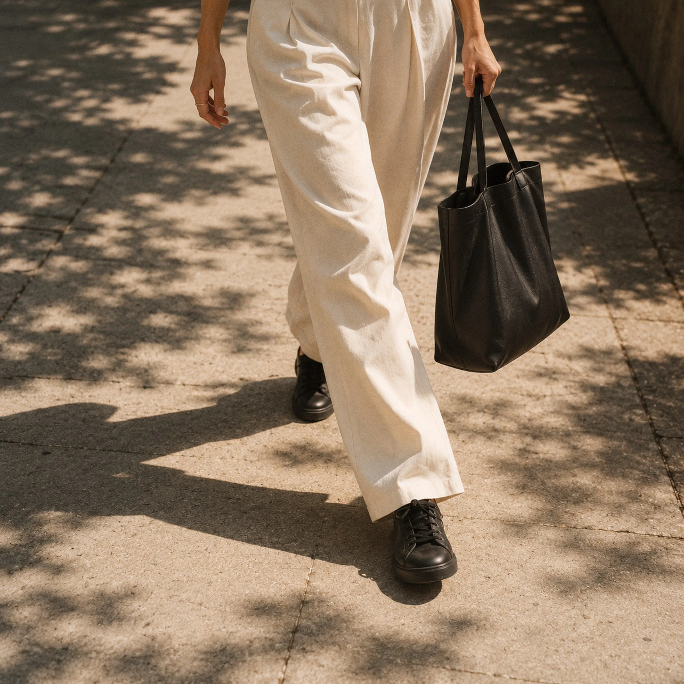 Walking in cream trousers with a black leather tote