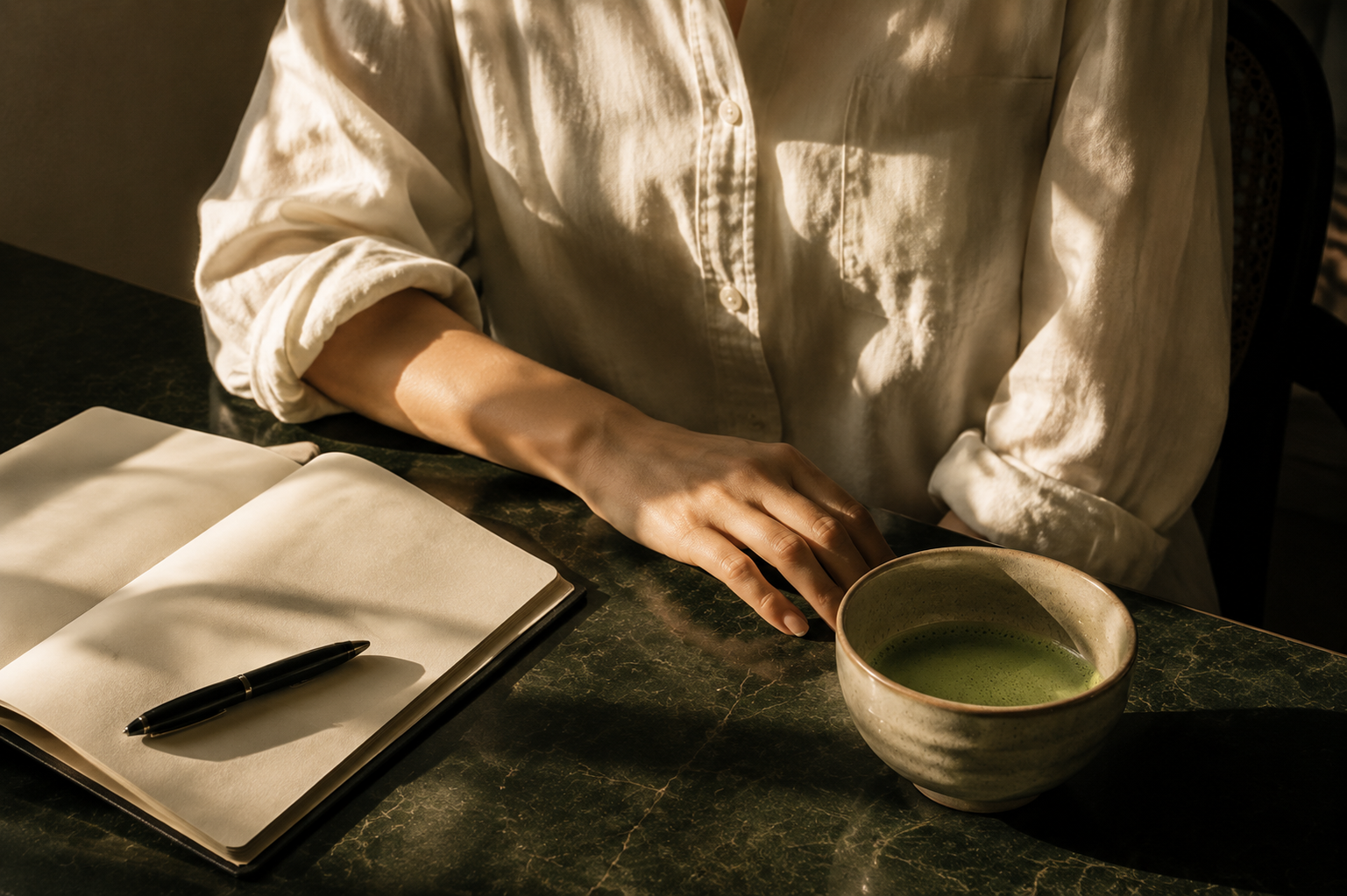 Open notebook and matcha beside a woman at a sunlit table
