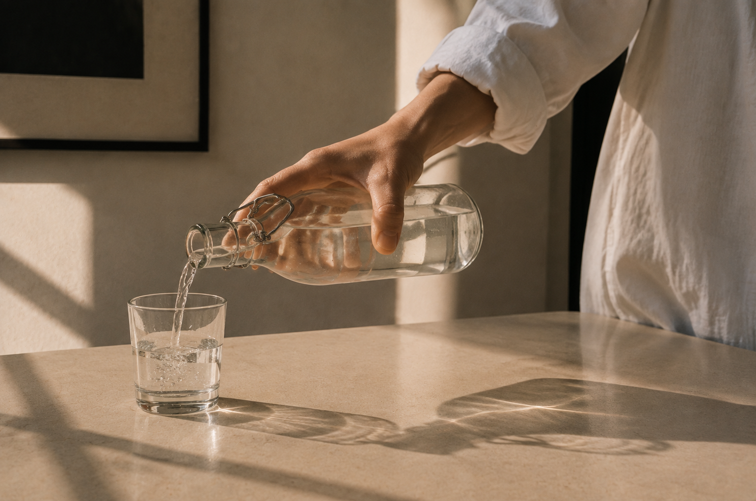 Hand pouring water from a glass carafe into a drinking glass
