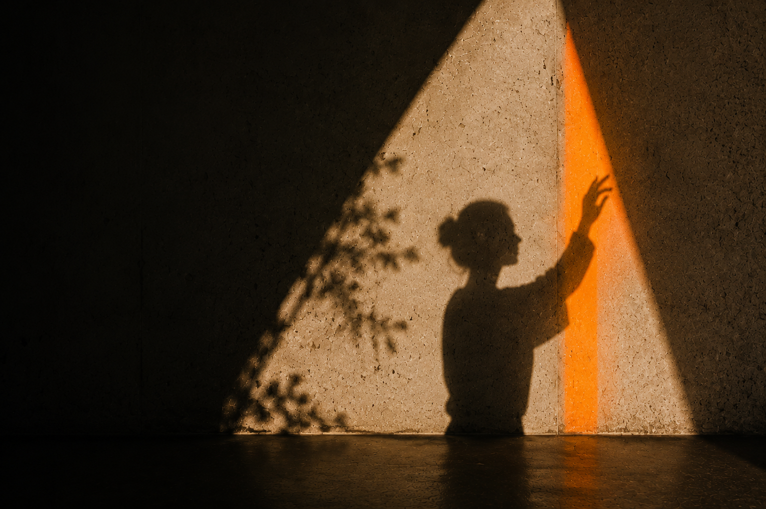 Woman's shadow reaching into a bright orange band of light