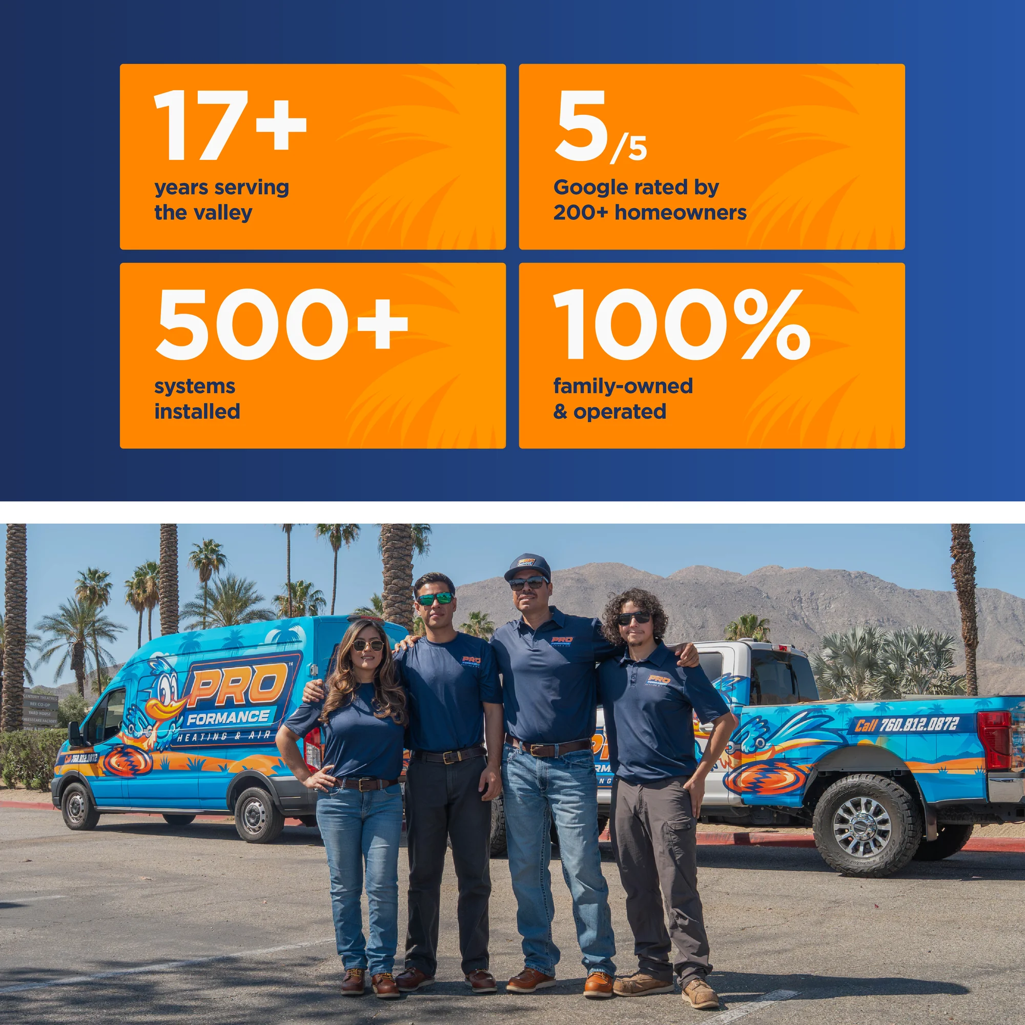 Proformance team in front of their service van and truck, with stats on years serving the valley, Google rating, systems installed and family ownership