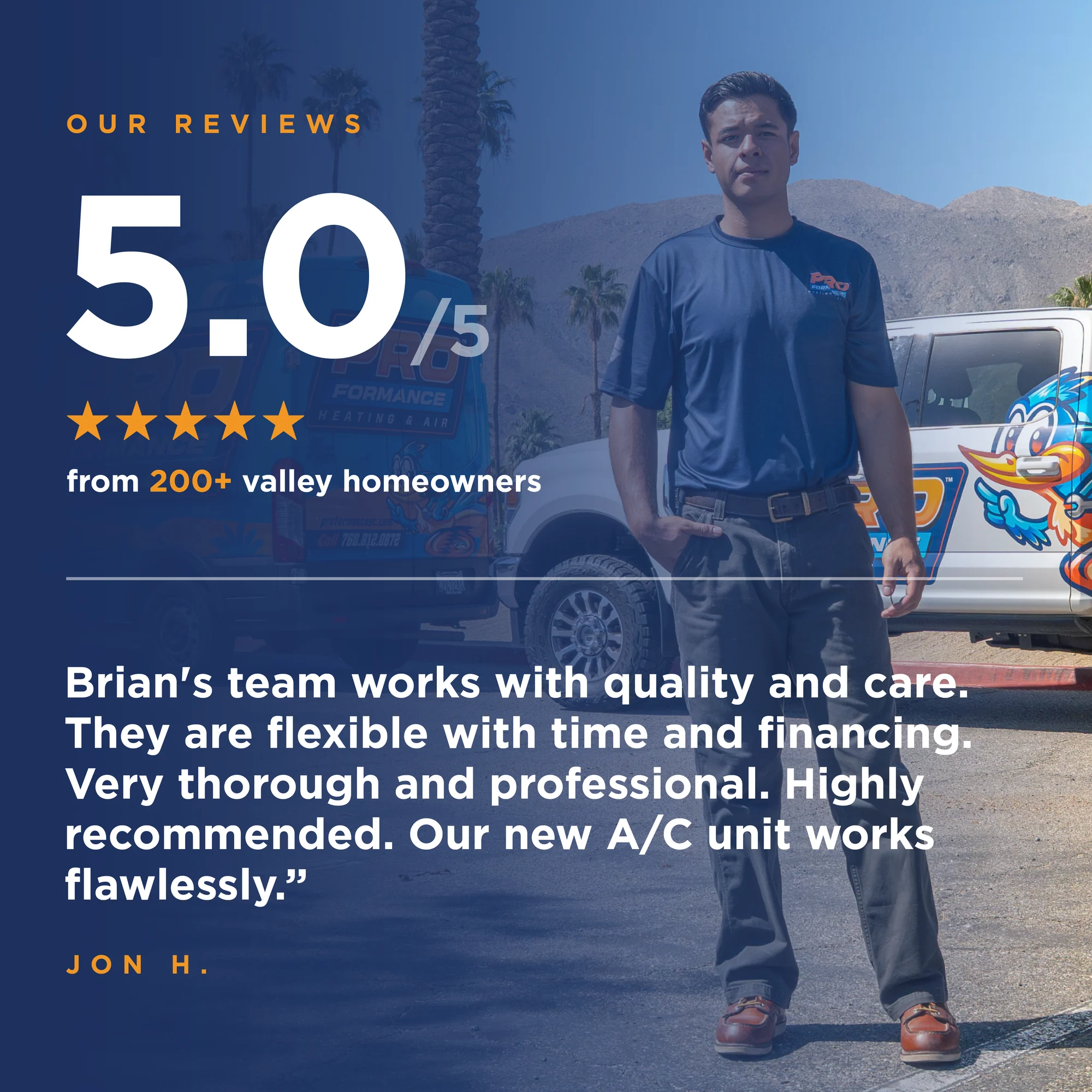 5.0 Google rating with a review from Jon H. about Brian's team and their new A/C unit