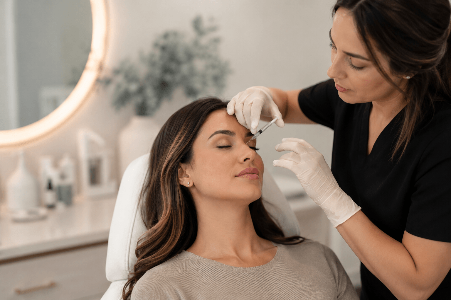 Woman receiving Botox injection in a modern aesthetic clinic in Santa Clara California for smoothing forehead wrinkles and fine lines