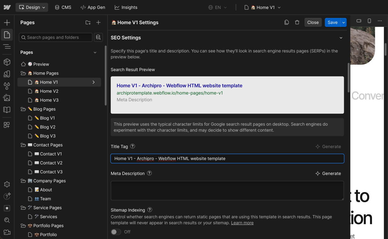 SEO Settings - Archipro Webflow Template
