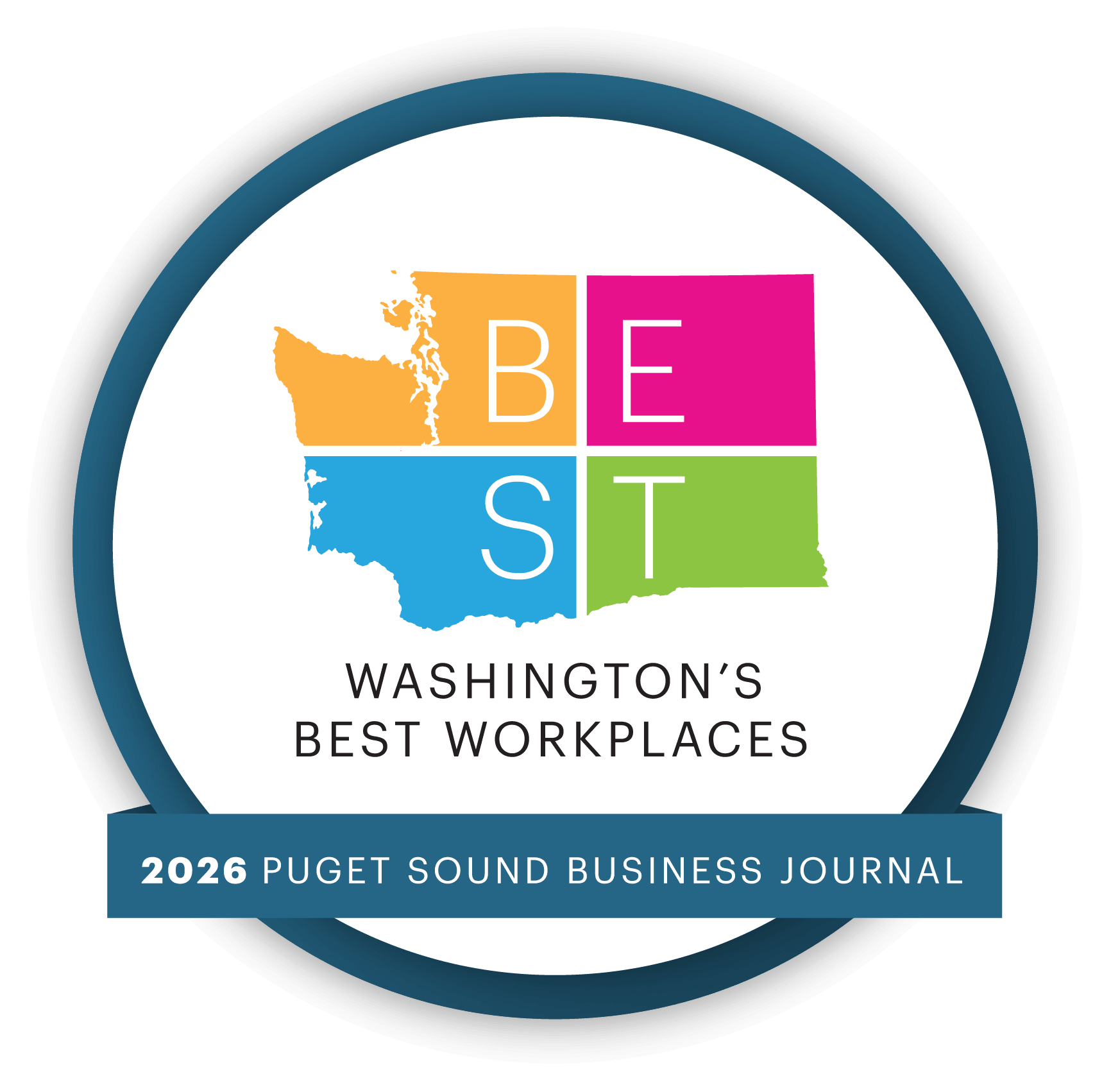 Badge with colorful map of Washington state divided into sections spelling BEST, with text below: Washington's Best Workplaces, and a blue banner reading 2026 Puget Sound Business Journal.