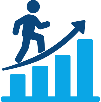 Icon of a person climbing upward on a rising bar chart with an arrow indicating growth or progress.