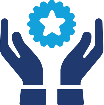 Two dark blue hands raised with a blue badge featuring a star floating above them.