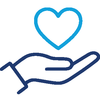 Illustration of a blue outlined hand palm up with a blue outlined heart above it, symbolizing care or meaningful work.
