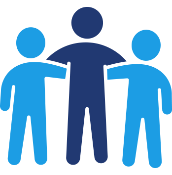 Icon of three simplified human figures standing side by side with arms around each other's shoulders, symbolizing collaboration or teamwork; the middle figure is dark blue and the two side figures are light blue.