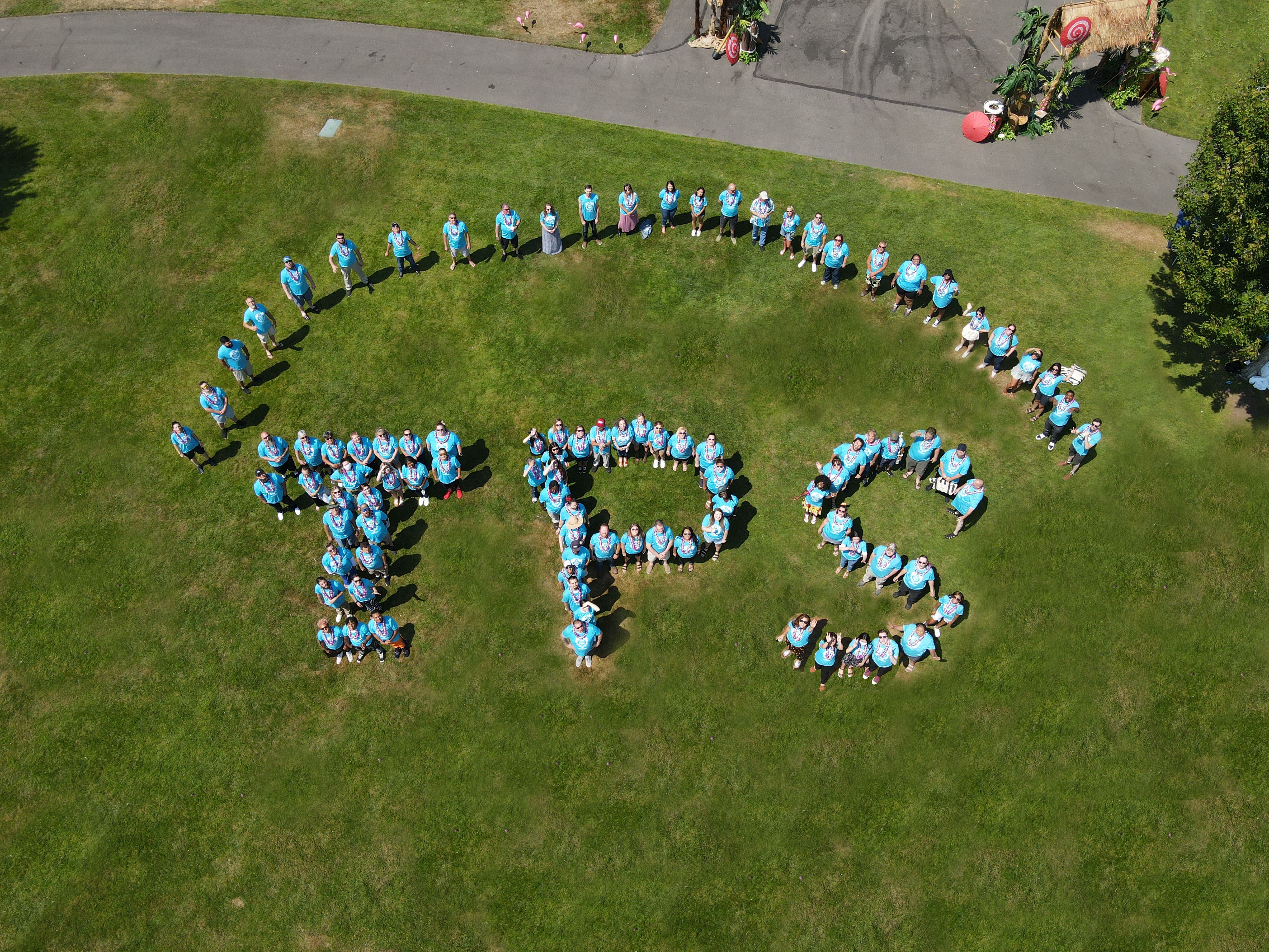 Aerial view of a large group of people wearing blue shirts standing on green grass, arranged to form the letters TPS.
