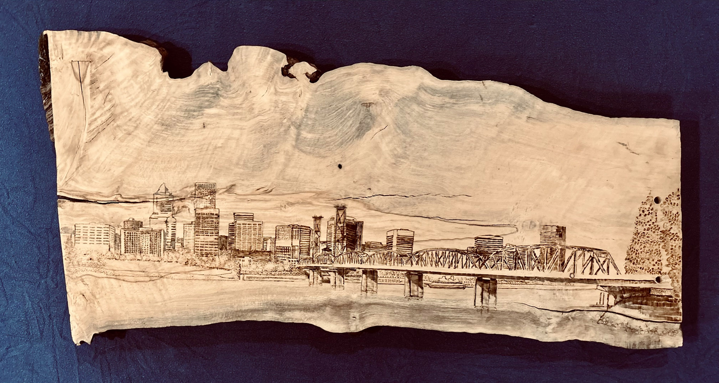 Pyrography on a live-edge slab